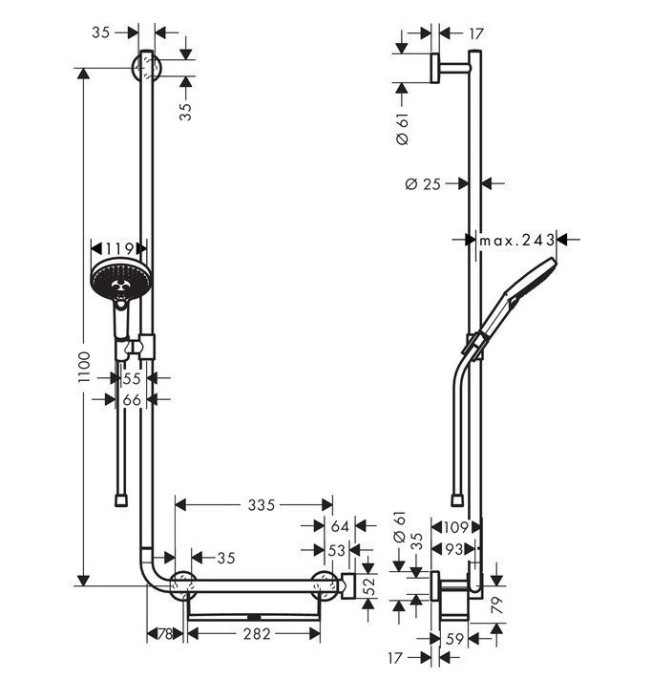 Душевой гарнитур со штангой 110 см, левосторонний Raindance Select S Hansgrohe, хром арт. 26324000