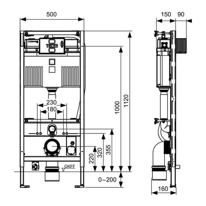 Рама для установки подв. Унитаза toto neorest, высота h1120мм, с креплением к стене, TECE арт. 9300344