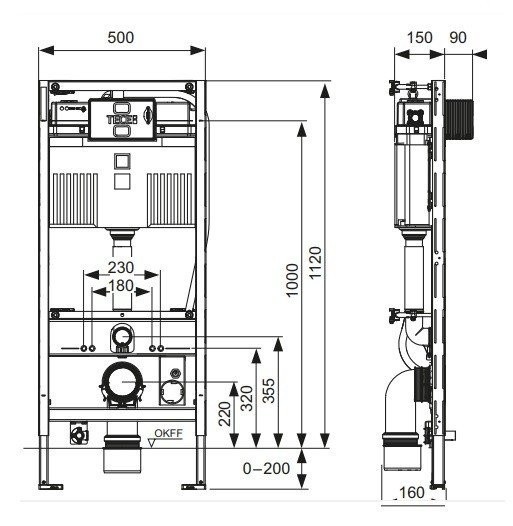 Рама для установки подв. Унитаза toto neorest, высота h1120мм, с креплением к стене, TECE арт. 9300344