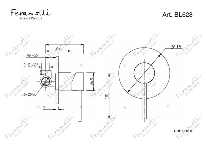 Смеситель однорычажный скрытого монтажа, черный, Ele Feramolli - BL628