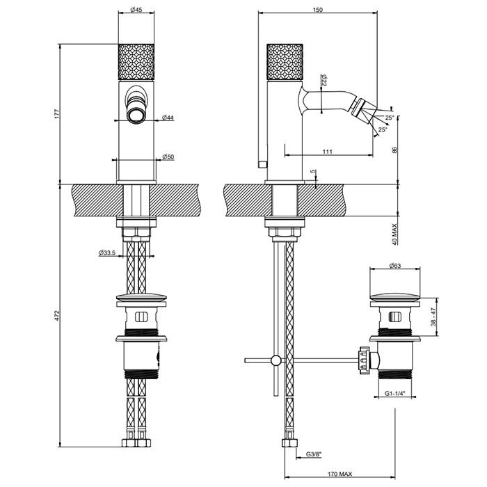 Смеситель для биде, 1 отв., с донным клапаном, Gessi Habito Intreccio, black metal pvd арт. 70107#706