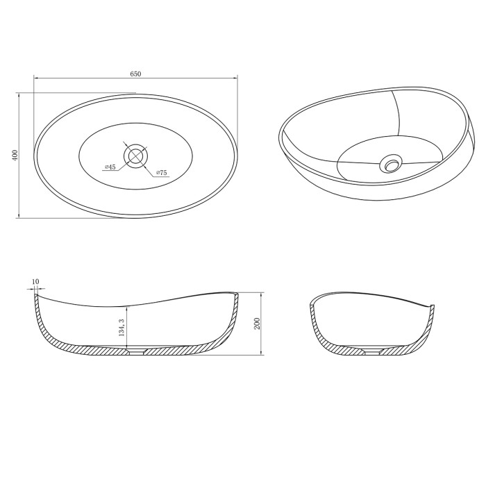 Раковина 650x400x200 накладная из искусственного камня, белая, Azario FRETTA ROUND - AZ-1214S