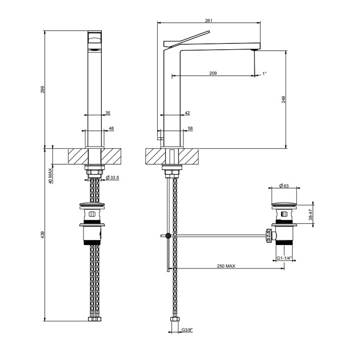 Смеситель для раковины высокий на 1 отверстие, однорычажный, с донным клапаном, Gessi RETTANGOLO, brushed brass pvd арт. 53003#727