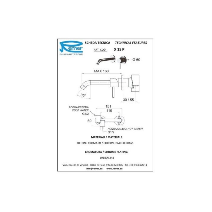 Смеситель для раковины никель матовый, Remer X Style, скрытого монтажа X15PNPO