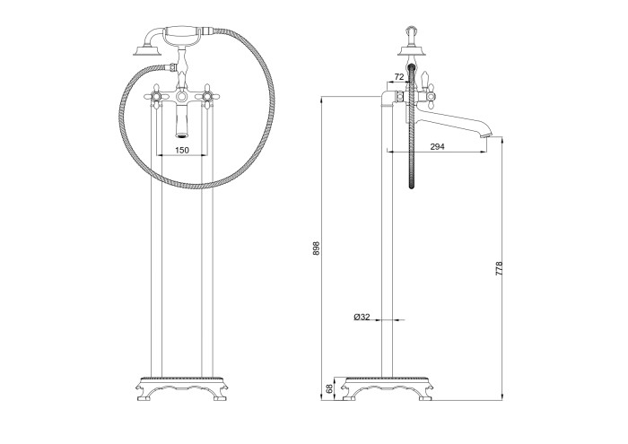 Смеситель для ванны напольного монтажа, Wonzon & Woghand Retro, WW-88649020-BG цвет: золото