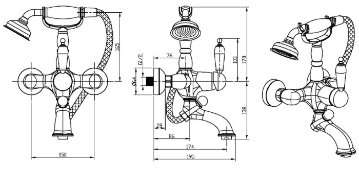 Смеситель для ванны, золото, Imperiale Boheme 323