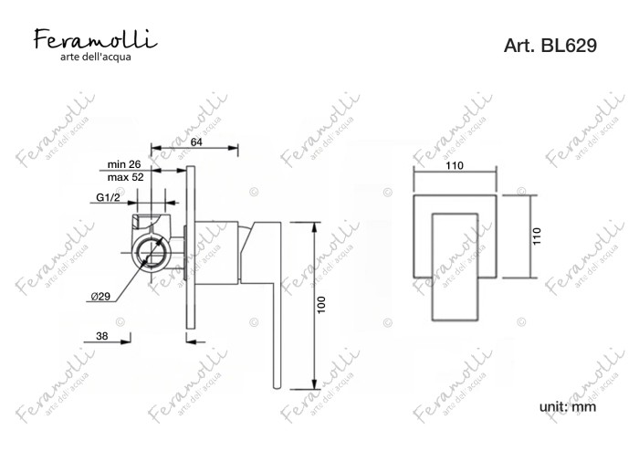 Смеситель однорычажный скрытого монтажа, черный, Cubo Feramolli - BL629