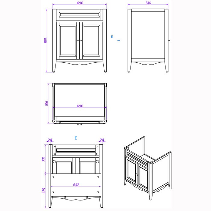 Комплект мебели напольный, с 2-мя дверцами, с доводчиками blum, ручки: бронза, 73см, Veronica Nuovo белый, Tiffany World - VER2073-B+AR834bi*1 комплект VER1163-B
