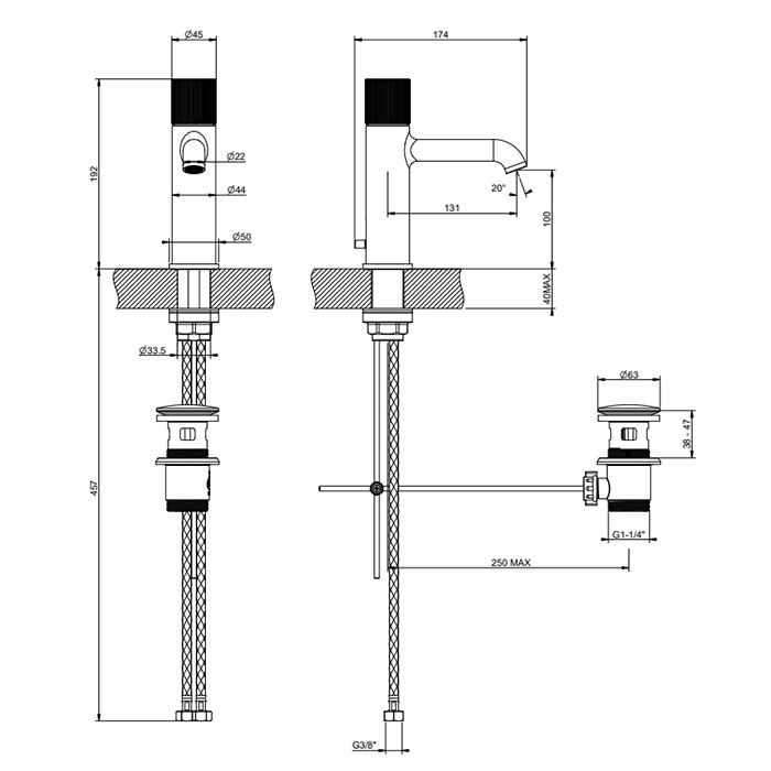 Смеситель для раковины, 1 отв., с донным клапаном, Gessi Habito Rigato, black metal pvd арт. 70501#706