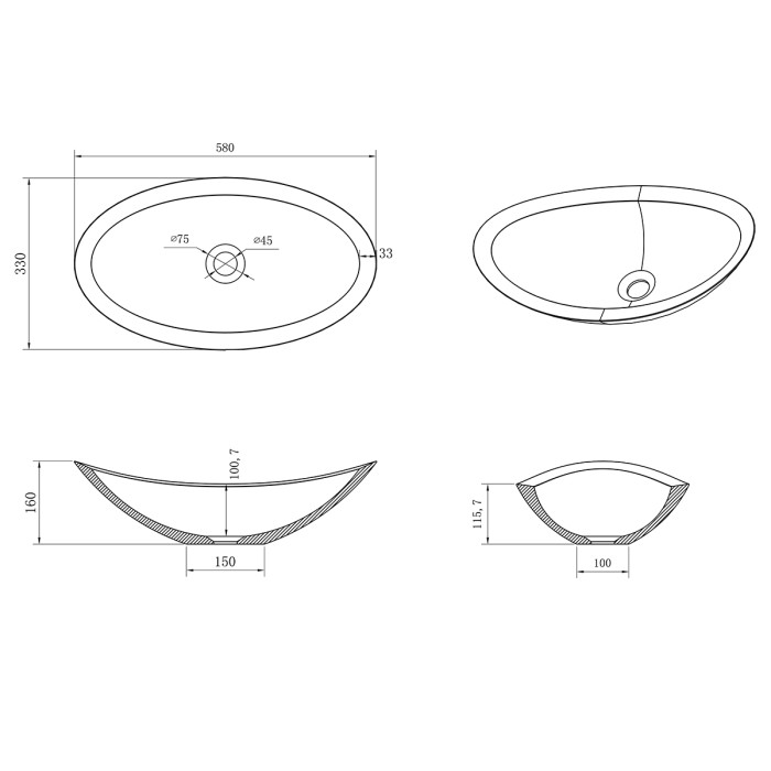 Раковина 580x330x160 накладная из искусственного камня, белая, Azario FRETTA ROUND - AZ-1225S