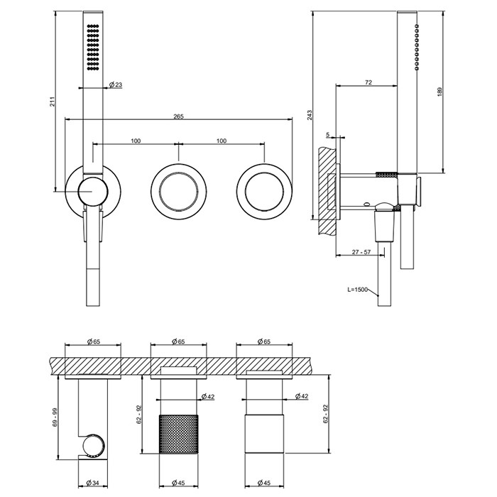 Смеситель для душа, настенный, с переключателем на 2 положения, с ручным душем, Gessi Habito Cesello, black metal pvd арт. 70438#706