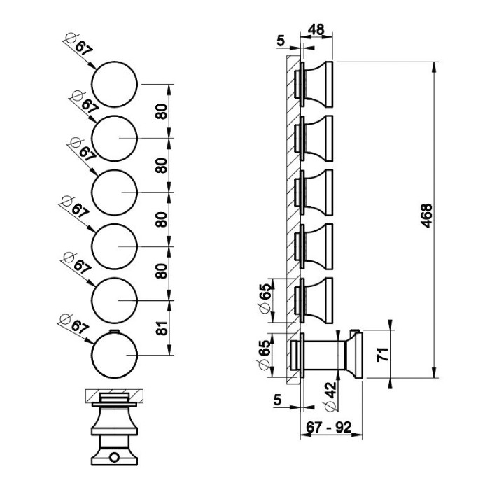 Смеситель для душа, настенный, термостатический, с 5 запорными вентилями, Gessi Origini, black metal brushed pvd арт. 66340#707