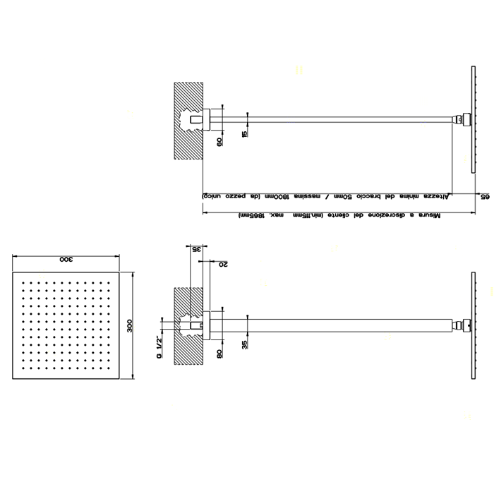 Верхний душ для потолочного крепления 300x300мм, высота от 115 до 1865мм, Gessi Rettangolo, хром арт. 15199#031