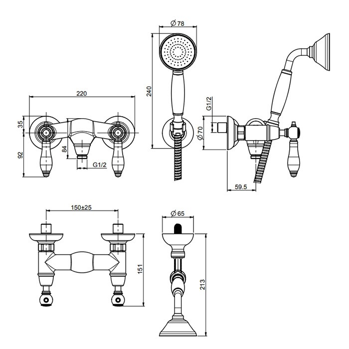 Fima Carlo Frattini Смеситель для душа, настенный, с ручным душем., черные ручки, Herend, F5405CNOR цвет: золото