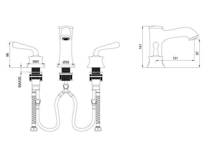 Смеситель для раковины на 3 отверстия, Wonzon & Woghand Steam, WW-88159008-MB цвет: черный