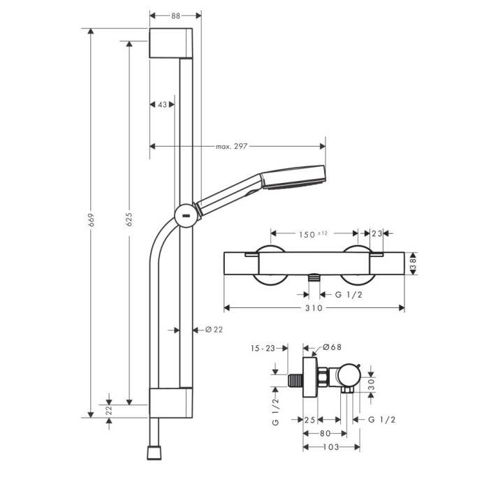 Душевой набор Relaxation с термостатом Ecostat Fine и душевой штангой 65см, Pulsify Select S Hansgrohe, черный арт. 24262670