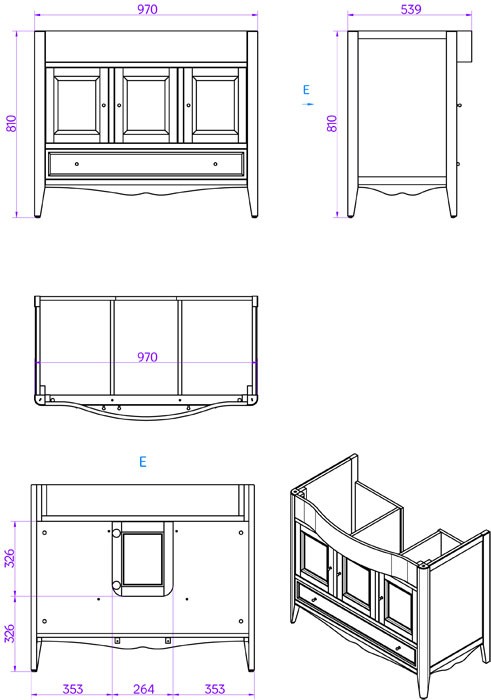 Комплект мебели напольный, с 1-м выдвижным ящиком и 3-мя дверцами, с доводчиками blum, ручки: бронза. 105см, Veronica Nuovo белый, Tiffany World - VER4105-B+AR874bi*1 комплект VER1183-B