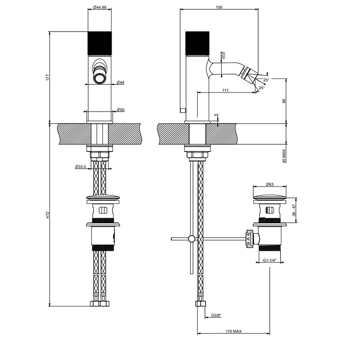 Смеситель для биде, 1 отв., с донным клапаном, Gessi Habito Diamantao, black metal pvd арт. 70607#706