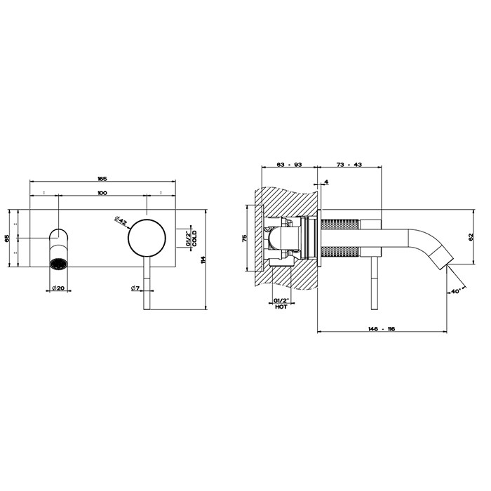 Встраиваемый смеситель для раковины с изливом 146-116мм, Gessi 316, brushed black metal pvd арт. 54488#707