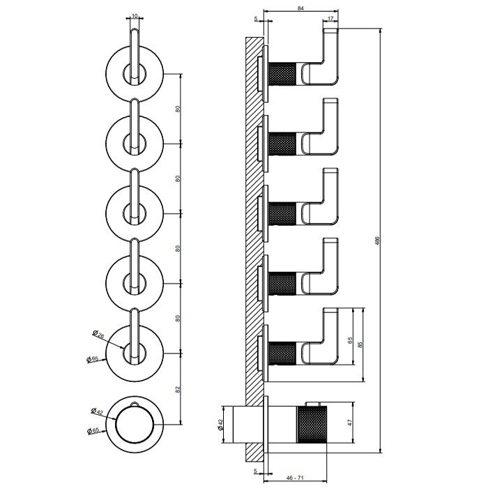 Смеситель для ванны, настенный, термостатический, на 5 выходов, Gessi Inciso, black metal brushed pvd арт. 58340#707