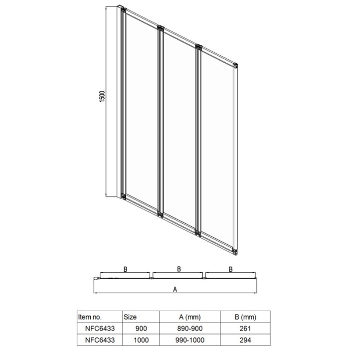 Шторка для ванны 900*1500 3-х секционная, прозрачное стекло 4 мм, цвет профиля хром  Preston, Azario арт. AZ-NFC6433 900