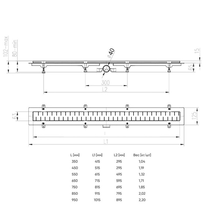 Душевой лоток D40 450 мм, боковой слив, пластиковый, перфорированная решетка, черный, Medium Azario - AZ-CH 450 MC