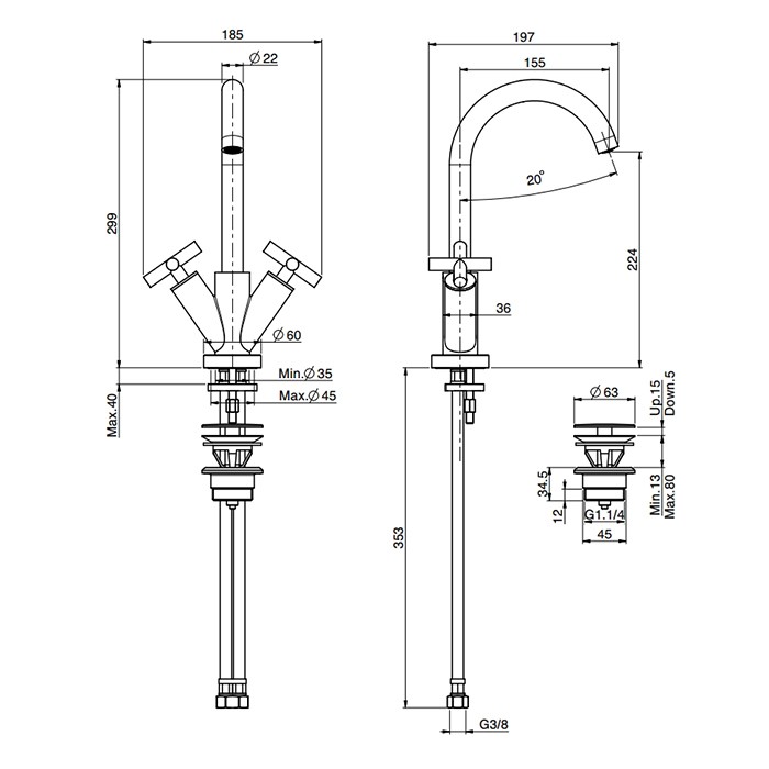 Fima Carlo Frattini Смеситель для раковины, на 1 отв., излив: 15.5см., с донным клапаном, Maxima, F5311WCR цвет: хром