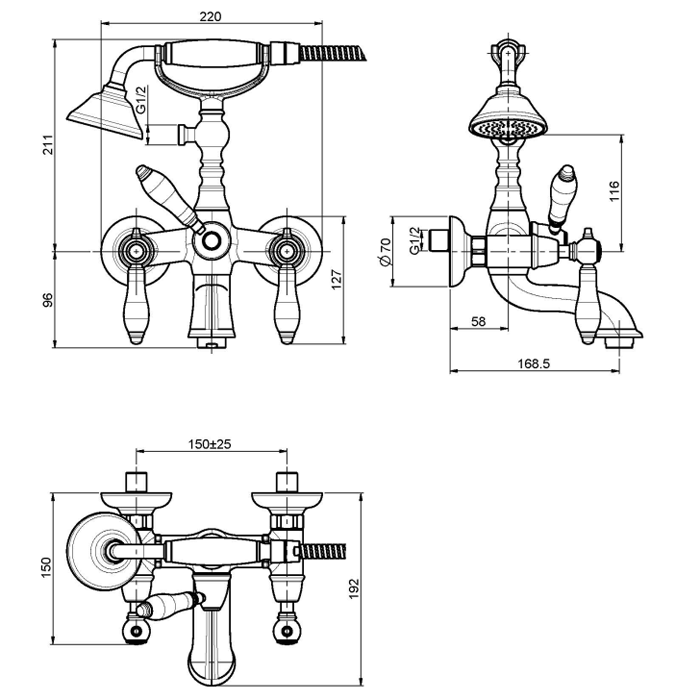Fima Carlo Frattini Смеситель на ванну, в комплекте: шланг 1500 мм, ручной душ, Herend, F5404CR цвет: хром