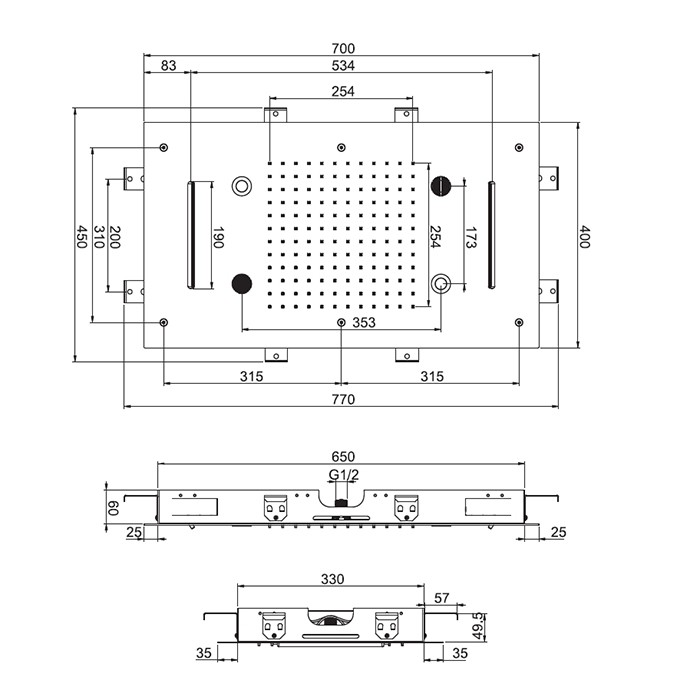 Fima Carlo Frattini Верхний душ Harmonia 700x400 мм., встраиваемый, 2 режима: дождь, 2 каскада; Bluetooth, хромотерапия LED, Wellness, F2904CR цвет: хром