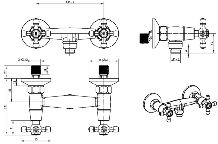 Смеситель для душа, золото, Royal Cristal Boheme 294-Royal/CRST