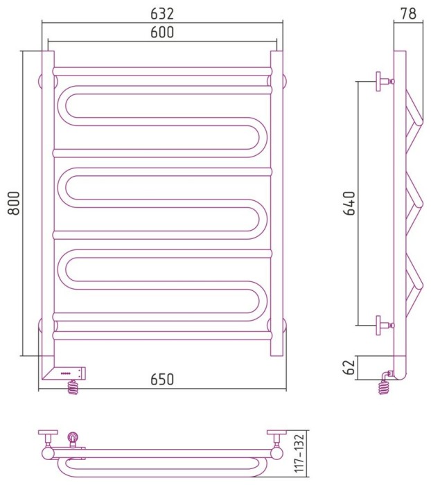 Сунержа Электрический полотенцесушитель 1000x300, Элегия 2.0, 31-5218-8060 цвет: матовый чёрный
