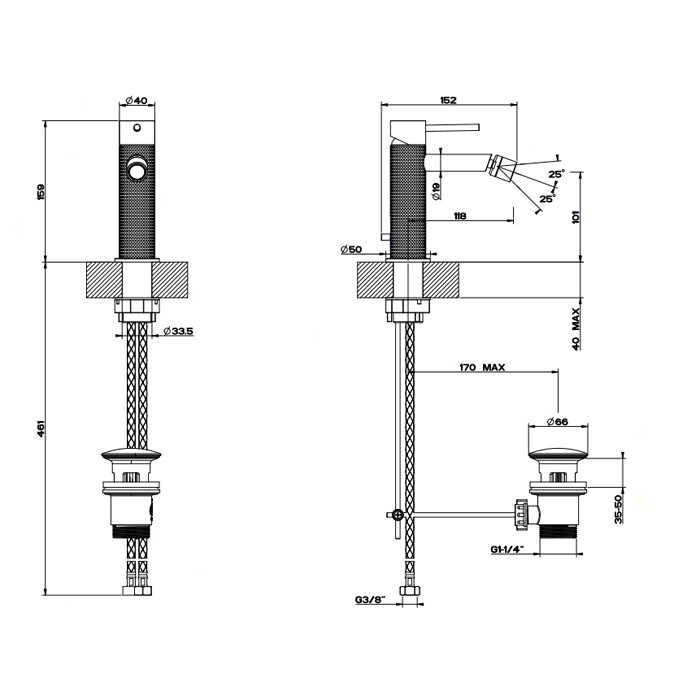 Смеситель однорычажный для биде с донным клапаном, Gessi Cesello, шлифованная сталь арт. 54407#239