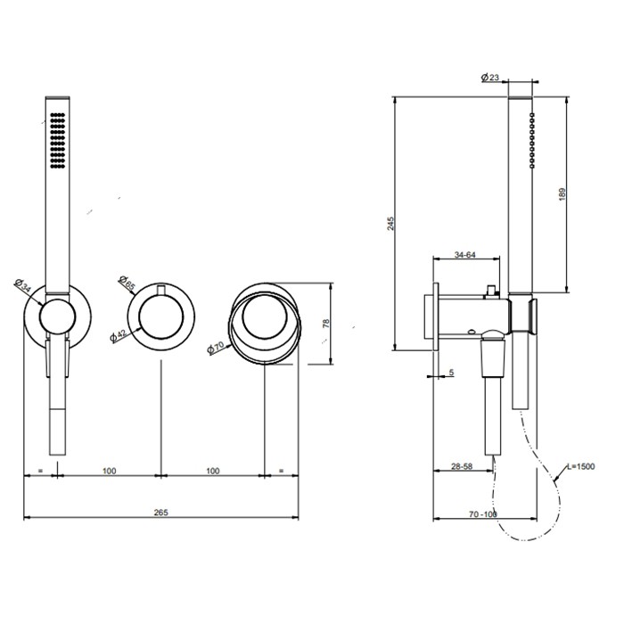 Смеситель для душа, встраиваемый, на 2 выхода с перекл., ручным душем с держателем и выводом воды (внешние части), Gessi Anello, black xl арт. 63345#299