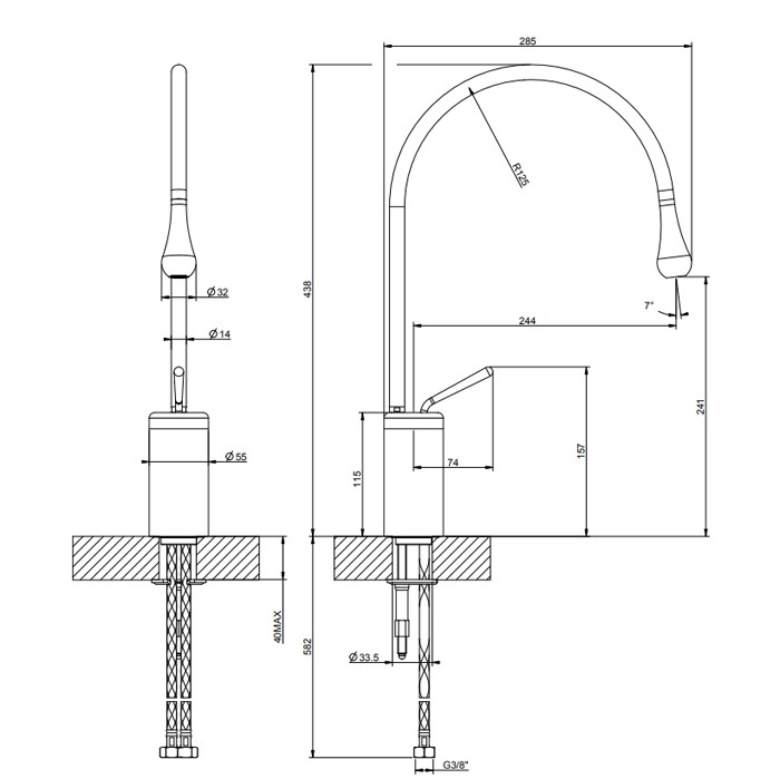 Смеситель для раковины на 1 отверстие, высокий, излив 244мм R=125, Gessi Goccia, шлифованный хром арт. 33605#147
