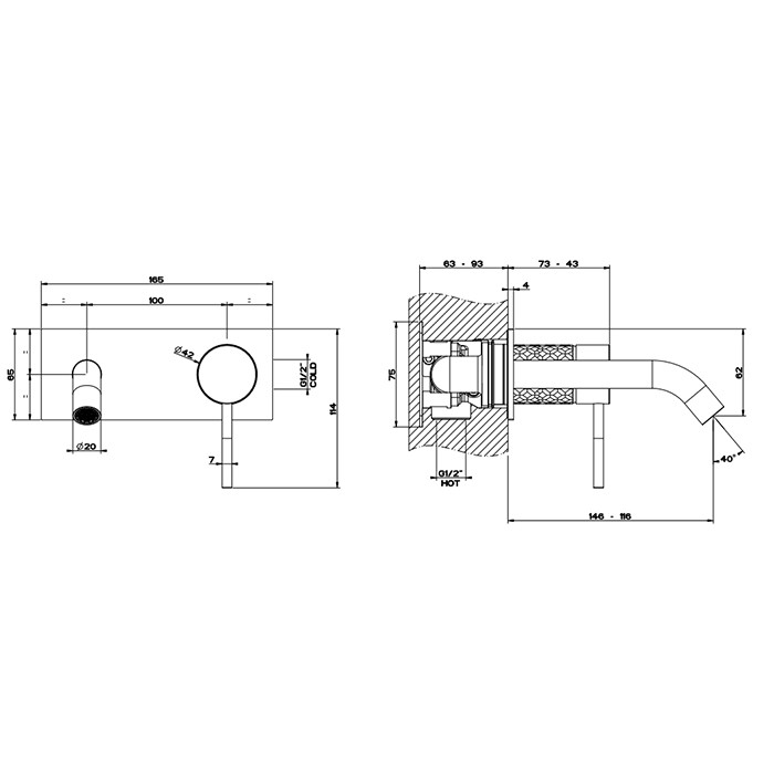 Встраиваемый смеситель для раковины с изливом 146-116мм, Gessi 316, brushed black metal pvd арт. 54188#707