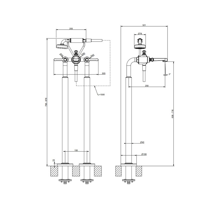 Смеситель для ванны напольный, двухвентильный, с ручным душем и шлангом 1500 мм., внешняя часть, Gessi Venti20, черный матовый арт. 65128#299