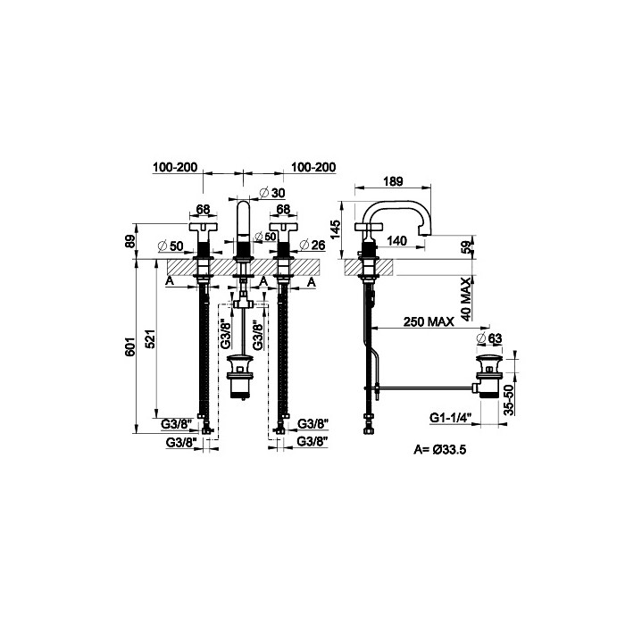 Смеситель для раковины на 3 отверстия с донным клапаном, излив 140мм, h=145мм, Gessi Inciso, finox арт. 58111#149
