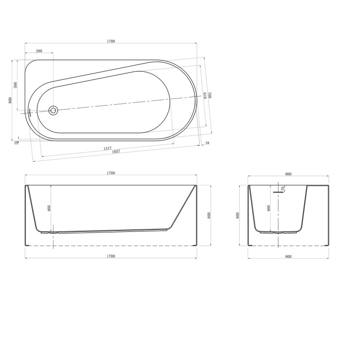 Акриловая ванна 1700х800х600 пристенная, левая, Azario Fano арт. FAN17080 L