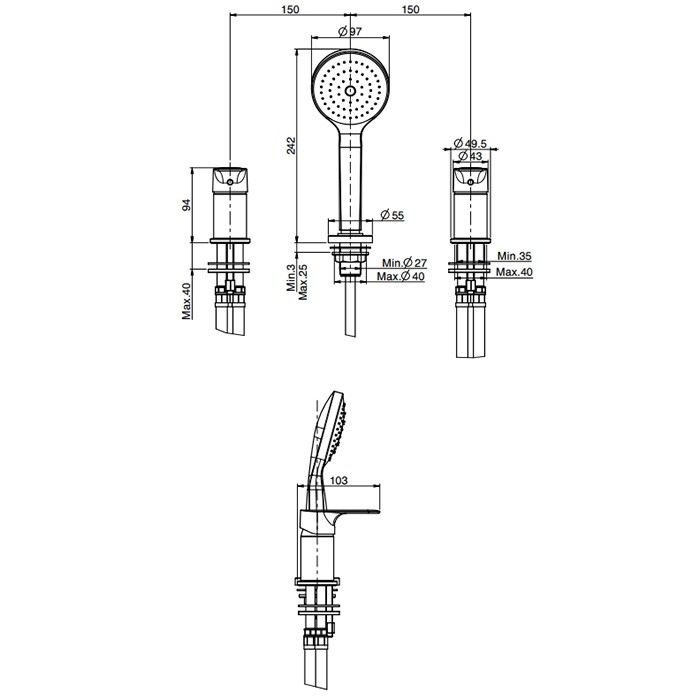 Fima Carlo Frattini Смеситель на борт ванны, на 3 отв., с ручным душем, Serie 22, F3844/1NCR цвет: хром
