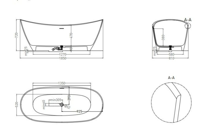 Ванна отдельностоящая 185x81, матовая, Salini NOEMI арт. 101811SMRF