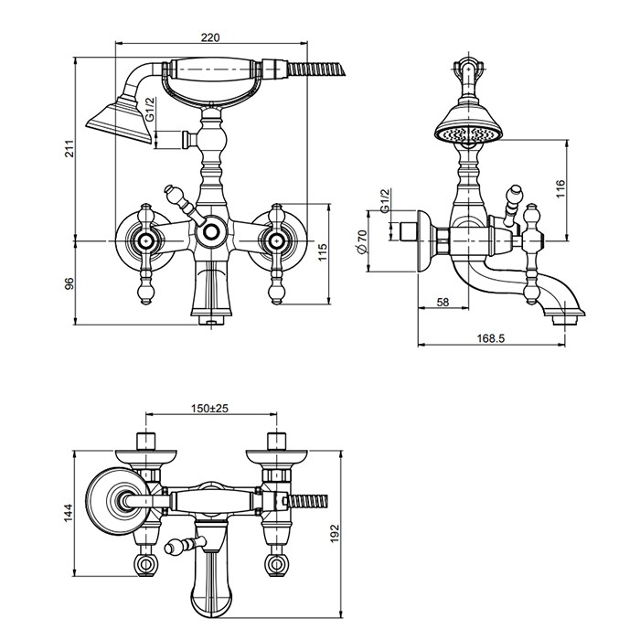 Fima Carlo Frattini Смеситель для ванны, настенный, с ручным душем, Epoque, F5054OR цвет: золото
