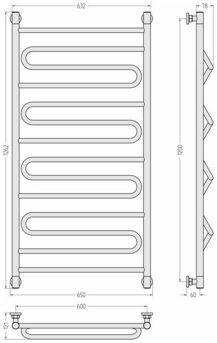 Сунержа Водяной полотенцесушитель 1200x600, Элегия+, 31-0205-1260 цвет: матовый чёрный