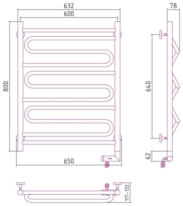 Сунержа Электрический полотенцесушитель 1000x300, Элегия 2.0, 00-5219-8060 цвет: без покрытия