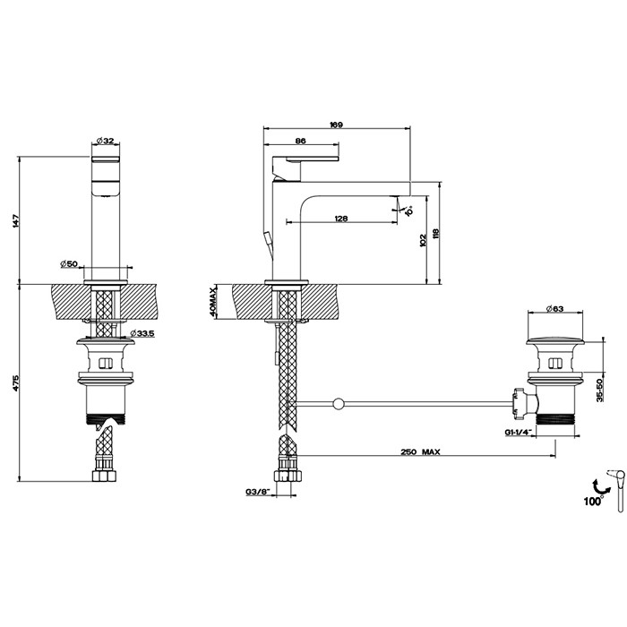 Смеситель для раковины, на 1 отв, с донным клапаном, Gessi Emporio Via manzoni, finox brushed nickel арт. 38602#149