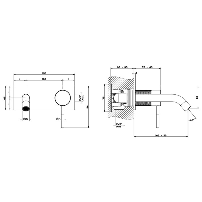 Встраиваемый смеситель для раковины с изливом 146-116мм, Gessi 316, brushed black metal pvd арт. 54288#707