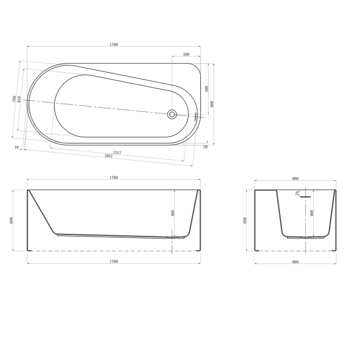 Акриловая ванна 1700х800х600 пристенная, правая, Azario Fano арт. FAN17080 R