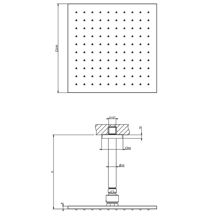 Потолочная душевая головка на 1/2" 250x250 мм, длина изгот. под заказ (105 - 1855 мм), Gessi Rilievo, nero xl арт. 59159#299