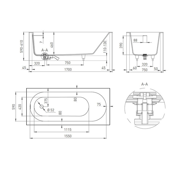 Ванна встраиваемая 170x75, матовая, Salini ORNELLA KIT арт. 102411MRF