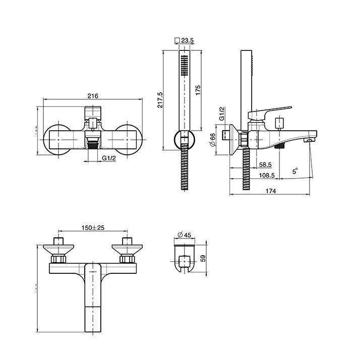 Fima Carlo Frattini Смеситель для ванной, настенный, с душ. комплектом, излив 170мм, Fit, F3384NS цвет: черный