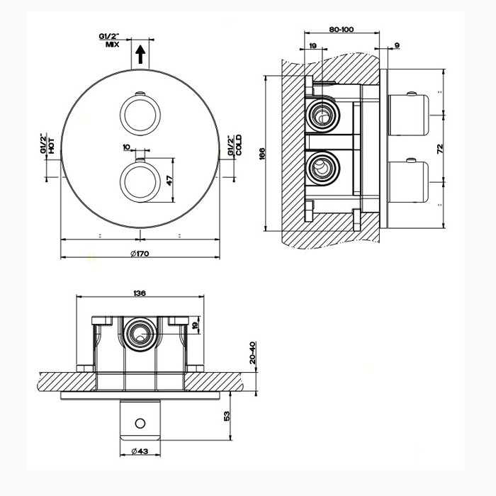 Встраиваемый термостатический смеситель, подключение на 3/4”, Gessi Goccia, хром арт. 33842#031